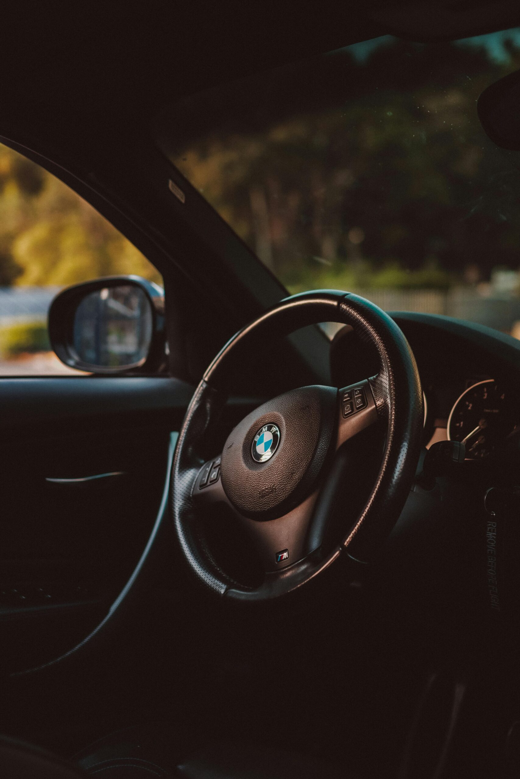 Elegant interior of a BMW showcasing luxury steering wheel and design details.
